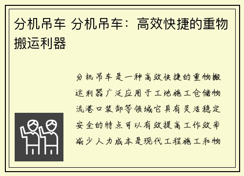 分机吊车 分机吊车：高效快捷的重物搬运利器