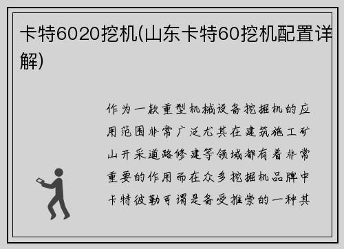 卡特6020挖机(山东卡特60挖机配置详解)