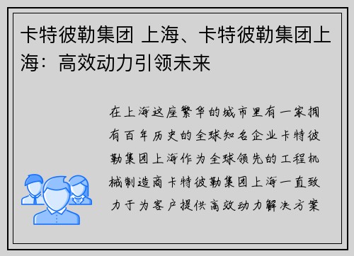 卡特彼勒集团 上海、卡特彼勒集团上海：高效动力引领未来