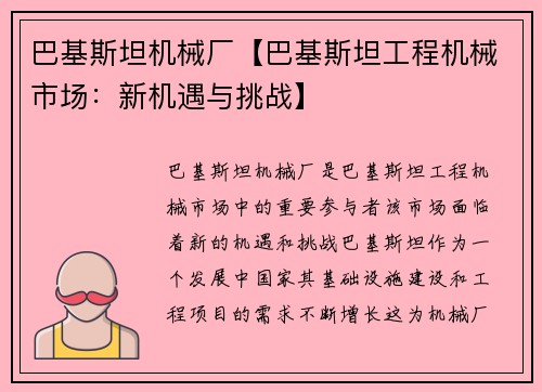 巴基斯坦机械厂【巴基斯坦工程机械市场：新机遇与挑战】