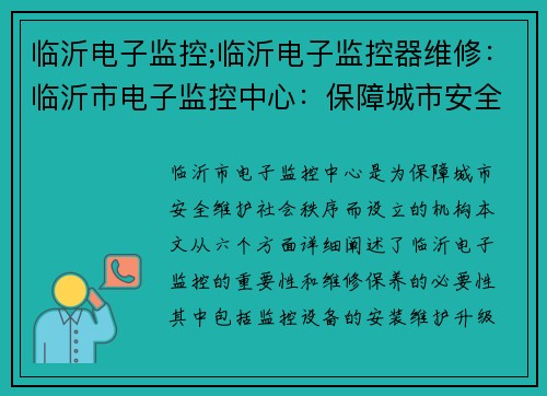 临沂电子监控;临沂电子监控器维修：临沂市电子监控中心：保障城市安全，维护社会秩序